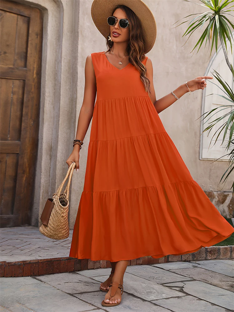 Damen Elegantes Sommer-Maxi-Kleid mit voluminösem Rock und V-Ausschnitt R&B - Image 10