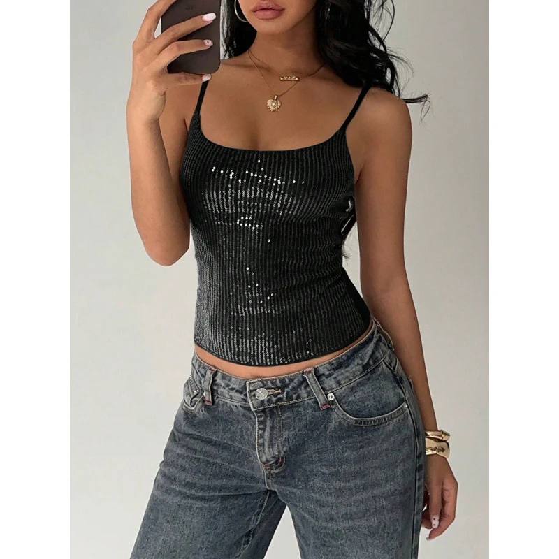 Damen Elegantes Spaghetti-Träger-Top mit Pailletten und figurbetontem Schnitt R&B