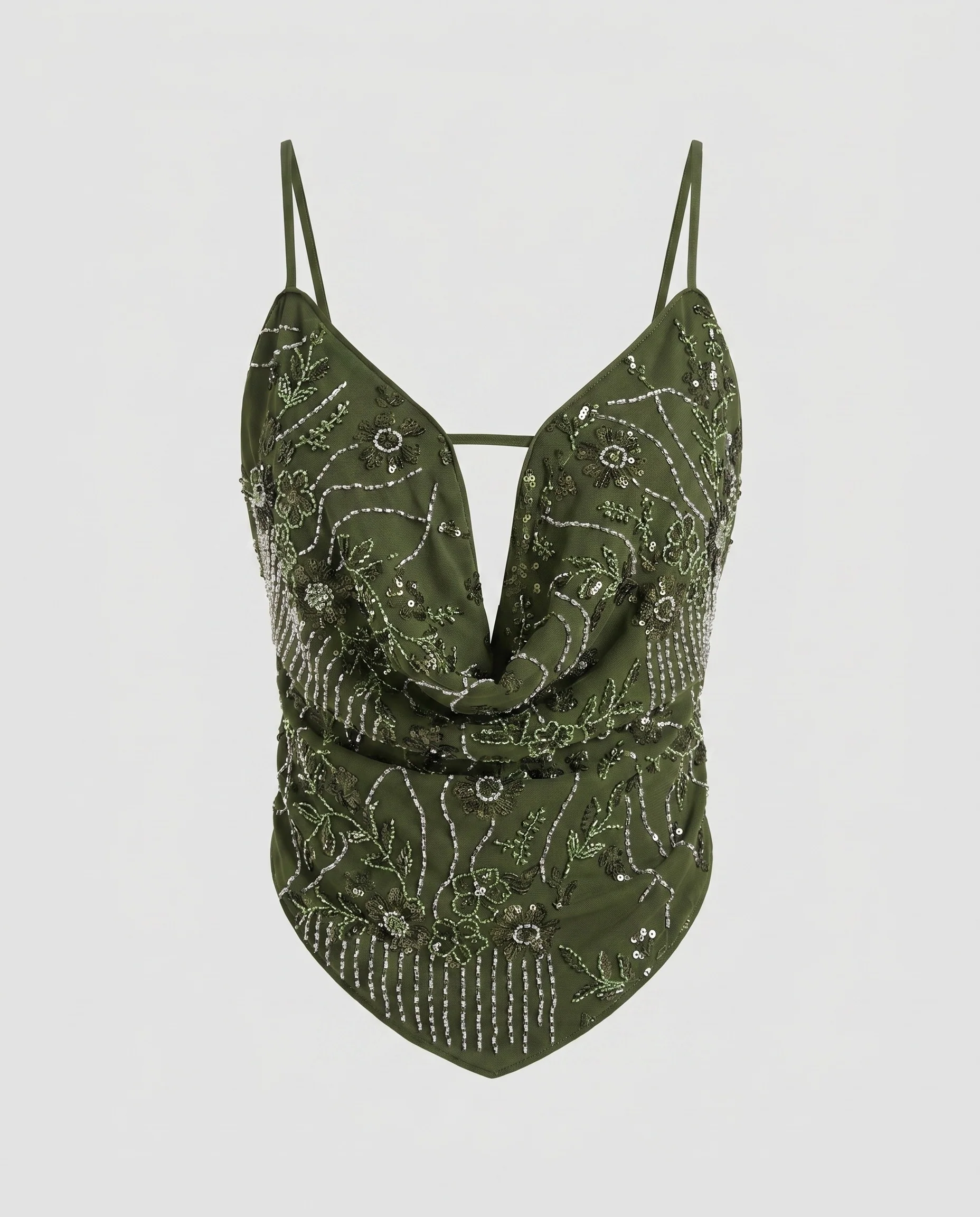 Damen Elegantes Spaghettiträgertop mit Blumenstickerei und lockerer Drapierung R&B - Image 5