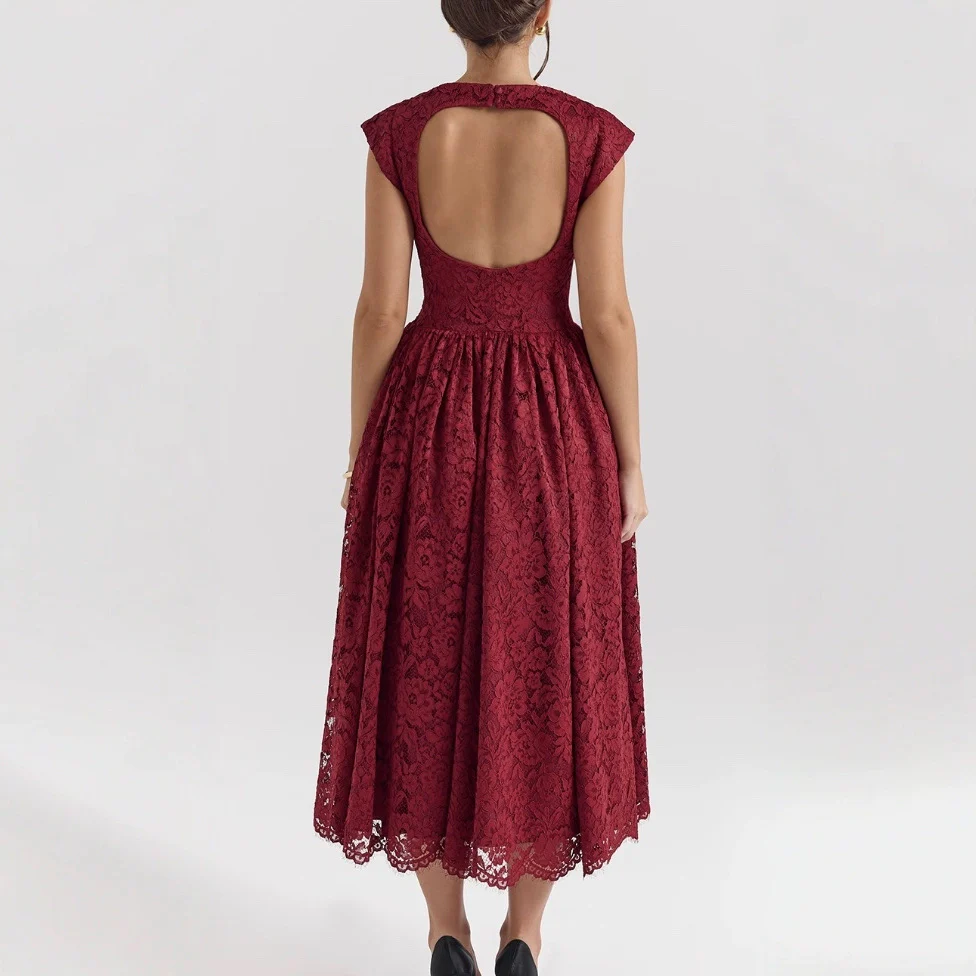 Damen Elegantes Spitzenkleid mit hochgeschlossenem Design und schwingendem Rock R&B - Image 4