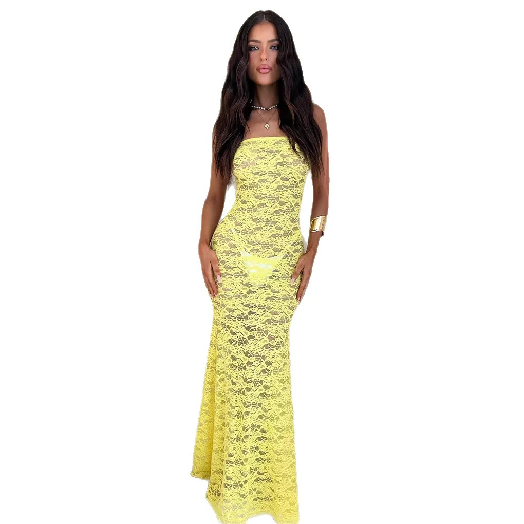 Damen Elegantes Spitzenmaxikleid mit figurbetonter Silhouette und schulterfreiem Design R&B - Image 5