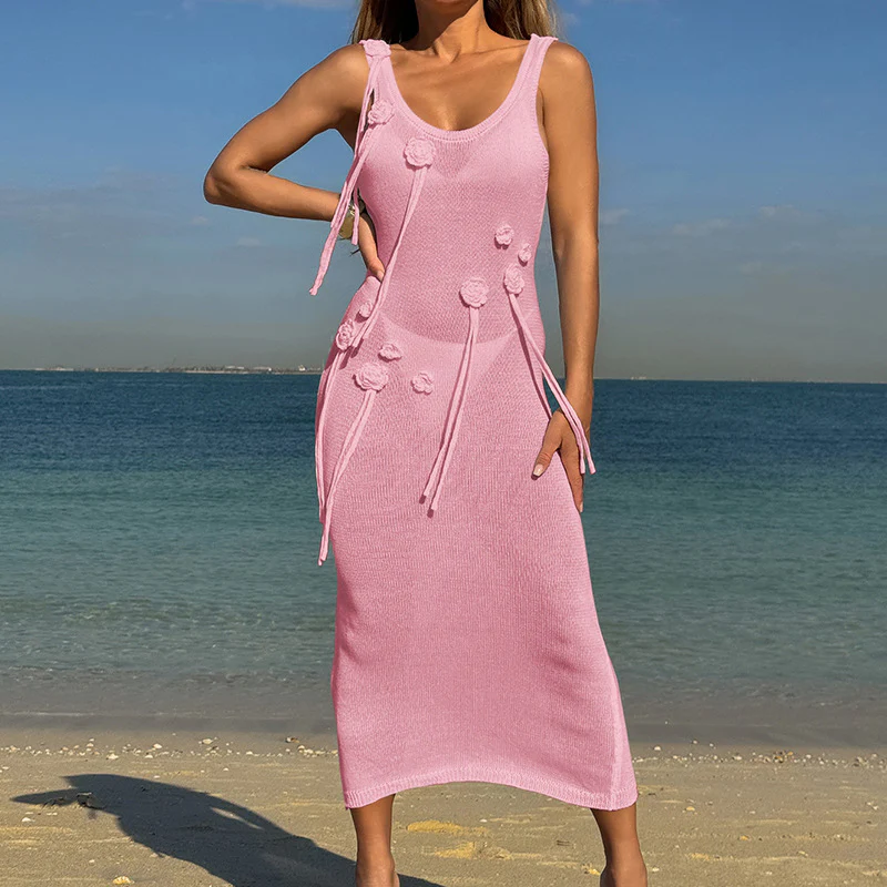 Damen Elegantes Strickkleid mit Blumenapplikationen und seitlichem Bindegürtel R&B - Image 4