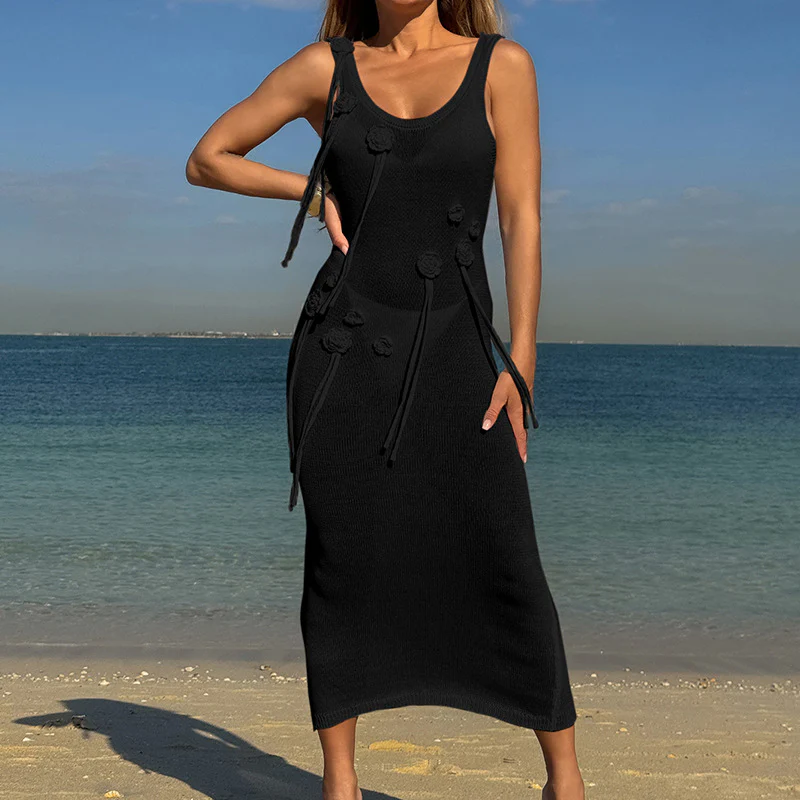 Damen Elegantes Strickkleid mit Blumenapplikationen und seitlichem Bindegürtel R&B - Image 6
