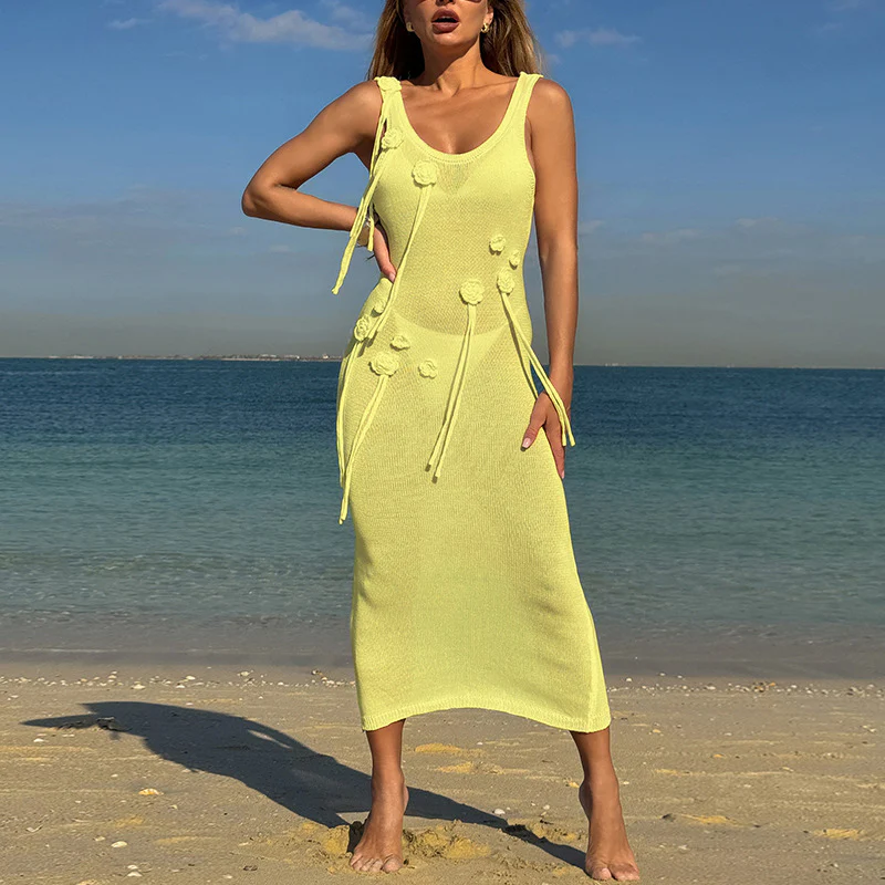 Damen Elegantes Strickkleid mit Blumenapplikationen und seitlichem Bindegürtel R&B - Image 8