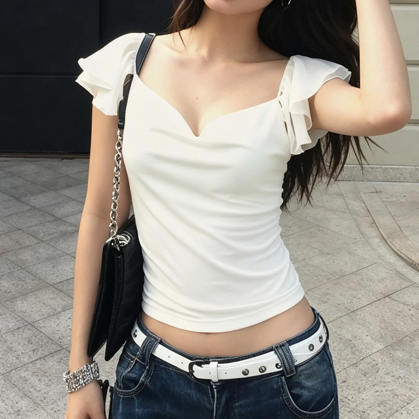 Damen elegantes Top mit schulterfreien Rüschendetails Heidi-Mode - Image 3