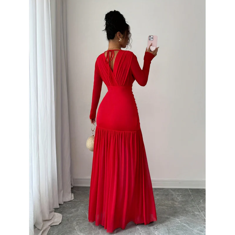 Damen Elegantes und figurbetontes Maxi-Kleid mit V-Ausschnitt und langen Ärmeln R&B - Image 2