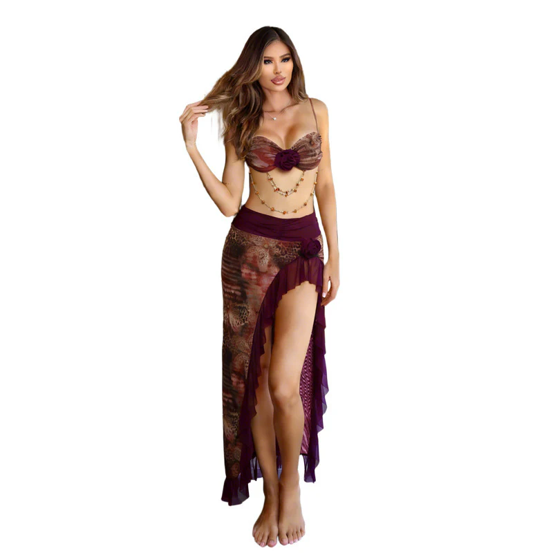 Damen elegantes Wickel-Badeanzug-Set mit floralem Design und Rüschen R&B - Image 5