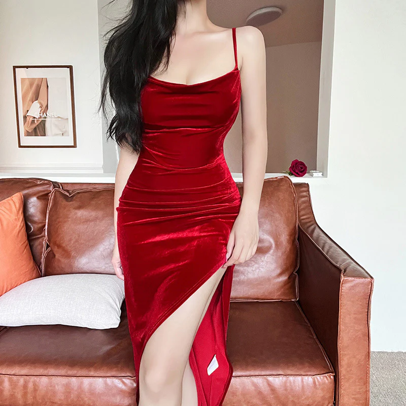 Damen elegantes Wickelkleid mit hohem Schlitz und schmalen Trägern R&B - Image 4