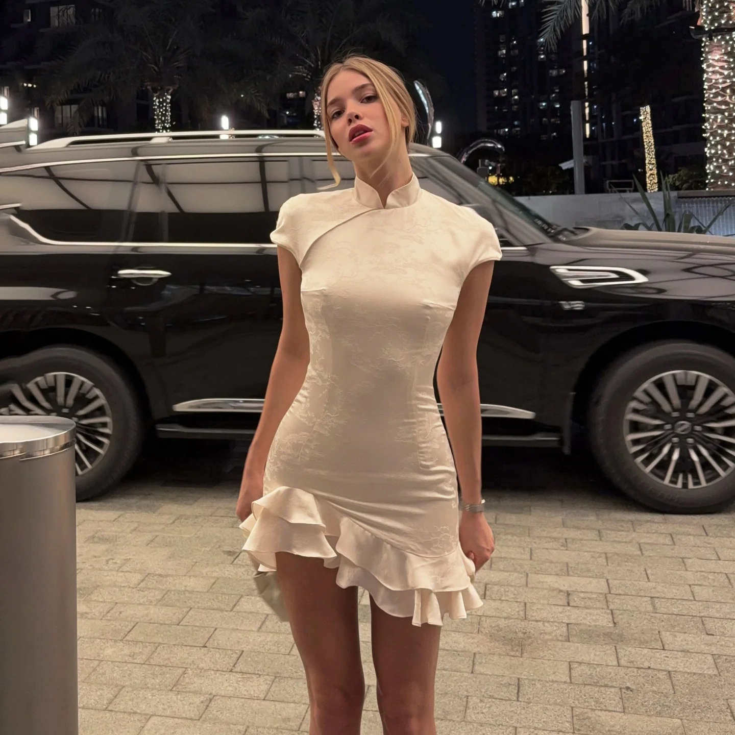 Damen elegantes Wickelkleid mit romantischem Rüschensaum und hohem Kragen R&B - Image 4