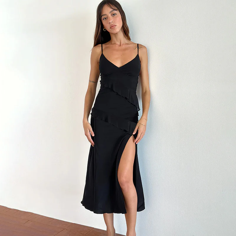 Damen elegantes Wickelkleid mit Rüschen und hohem Schlitz R&B - Image 2