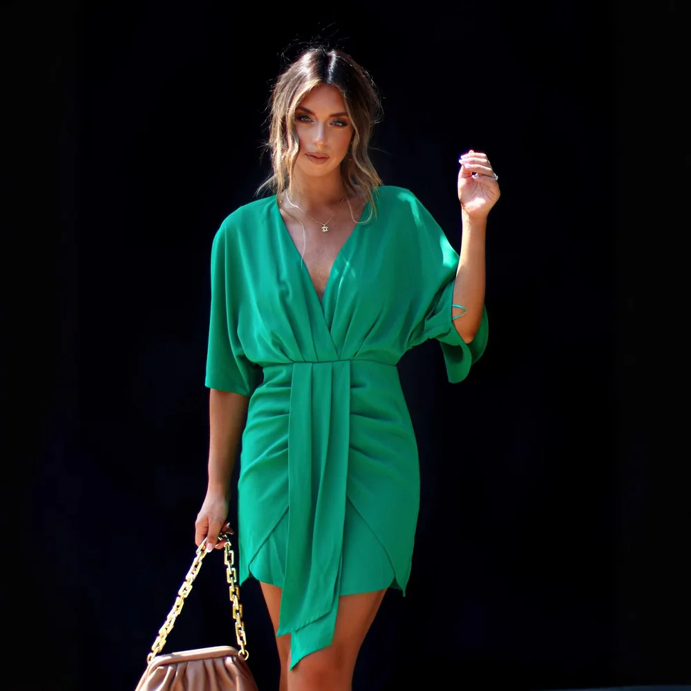 Damen elegantes Wickelkleid mit tiefem V-Ausschnitt und voluminösen Ärmeln R&B - Image 6