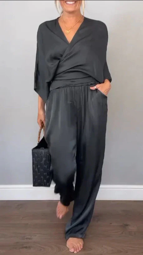 Damen Elegantes Wickeloberteil mit weitem Schnitt und passenden Palazzo-Hosen R&B - Image 3