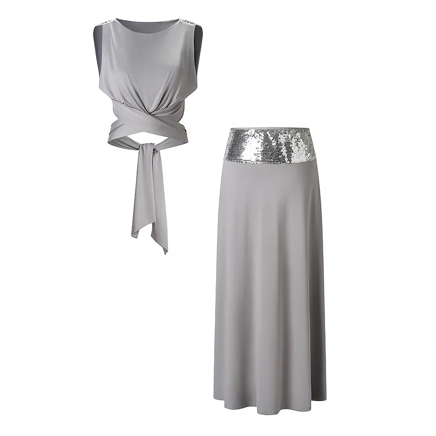 Damen elegantes Wickeloberteil und maxilanger Rock mit Paillettenbund R&B - Image 5