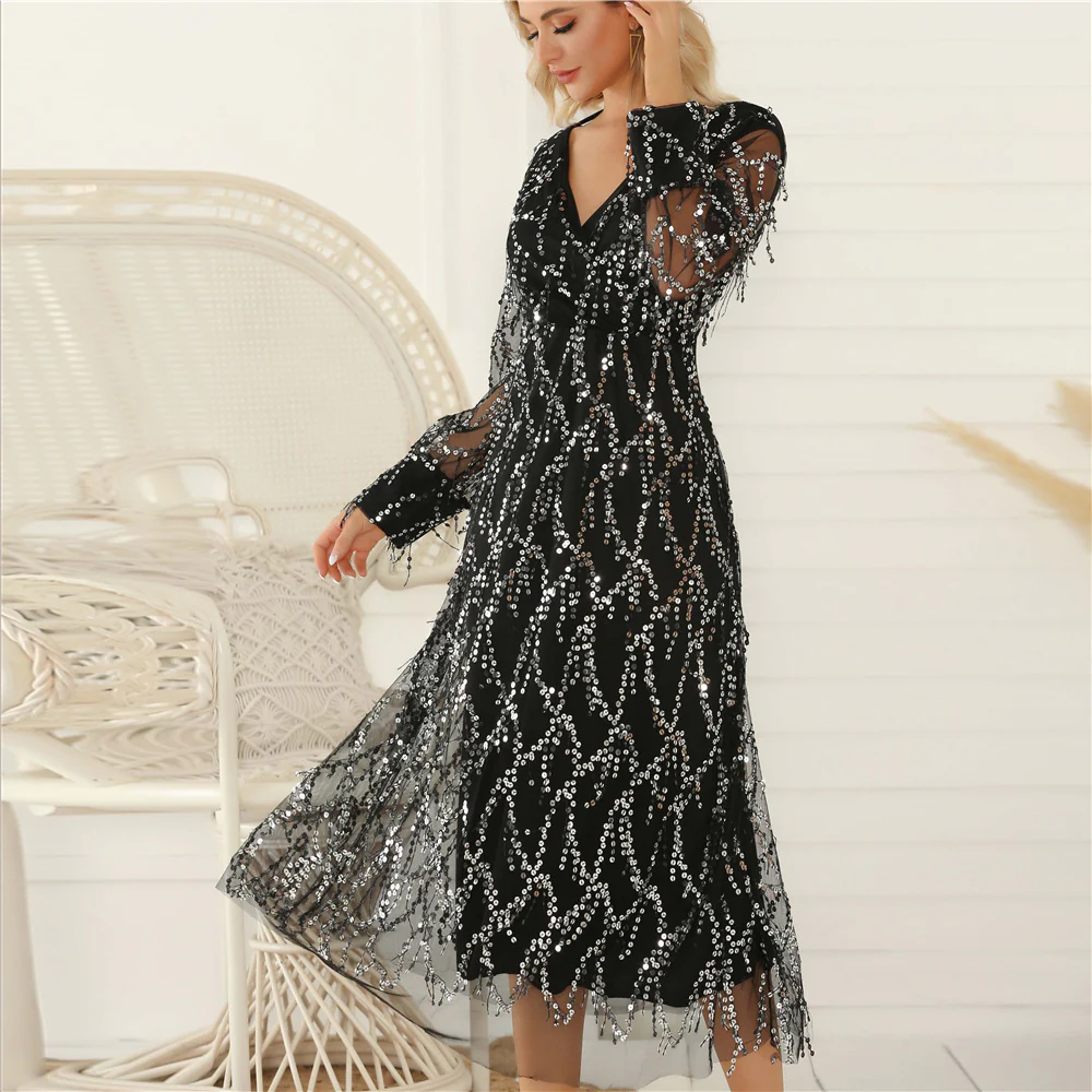 Damen Festliches Maxikleid mit funkelndem Paillettenbesatz und transparenten Ärmeln R&B - Image 3