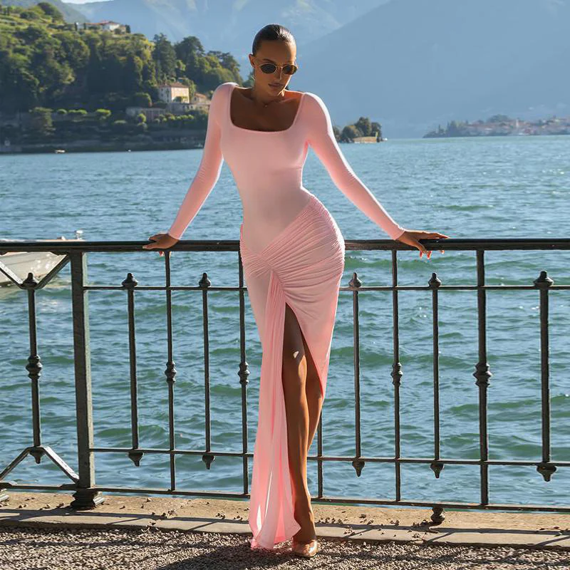 Damen figurbetontes Langarmkleid mit asymmetrischem Schlitz und Drapierungen R&B