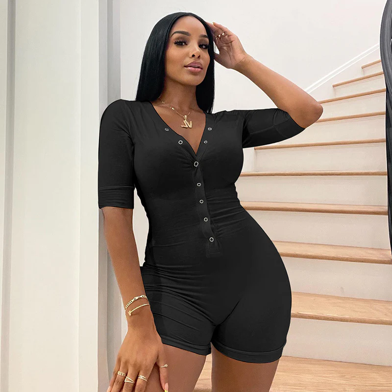 Damen Figurbetonter Jumpsuit mit kurzem Arm und modischem Ausschnitt Heidi-Mode