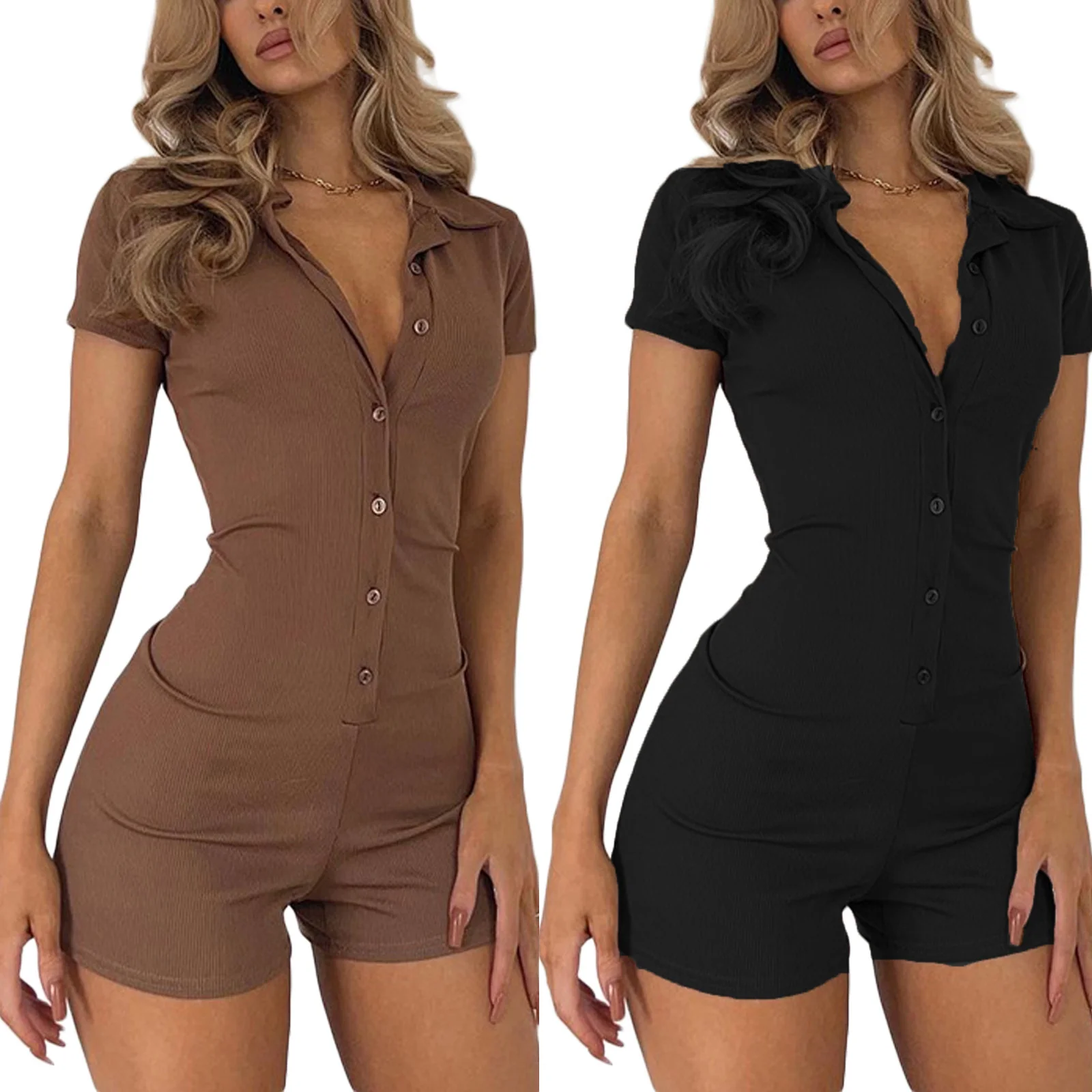 Damen figurbetonter Playsuit mit Knöpfen und kurzer Beinlänge R&B - Image 4
