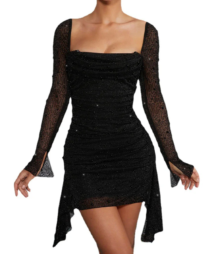 Damen figurbetontes Abendkleid mit schimmernden Perlenakzenten und asymmetrischem Saum R&B - Image 7