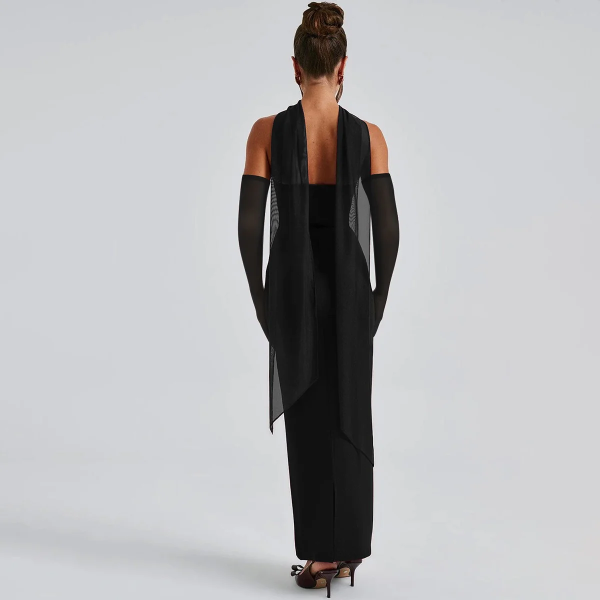 Damen figurbetontes Abendkleid mit Schulterband und langen Handschuhen R&B - Image 3