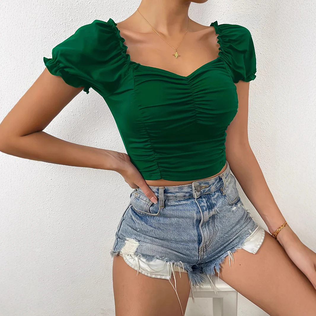 Damen figurbetontes Crop-Top mit Puffärmeln und Raffung R&B - Image 4