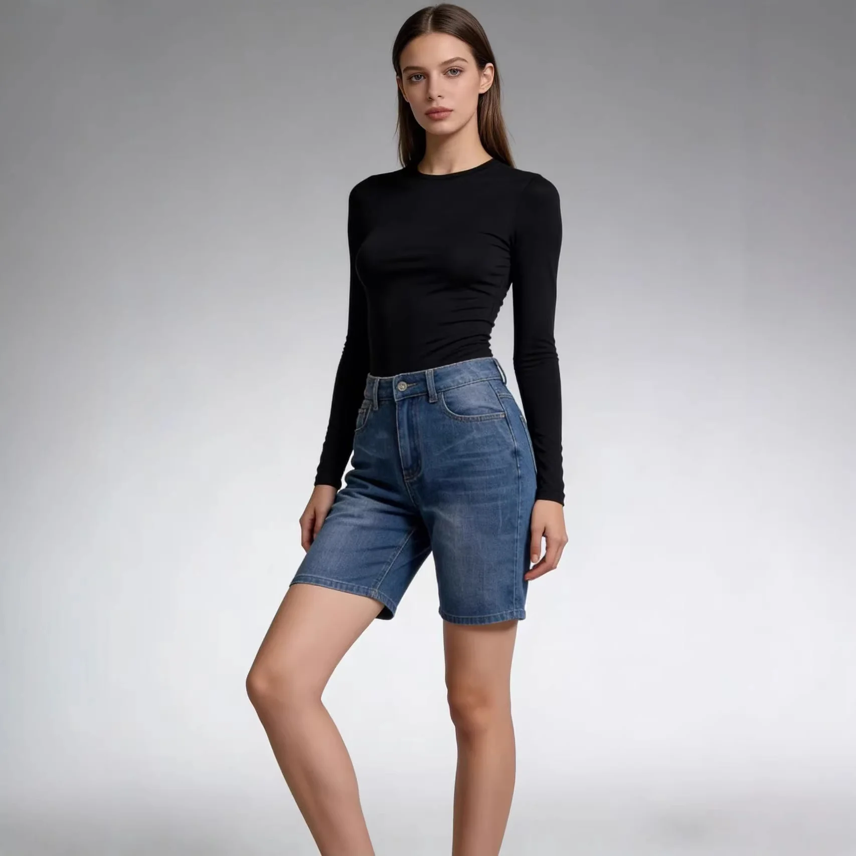 Damen figurbetontes Cropped Oberteil mit Stehkragen und kurzen Ärmeln R&B - Image 2