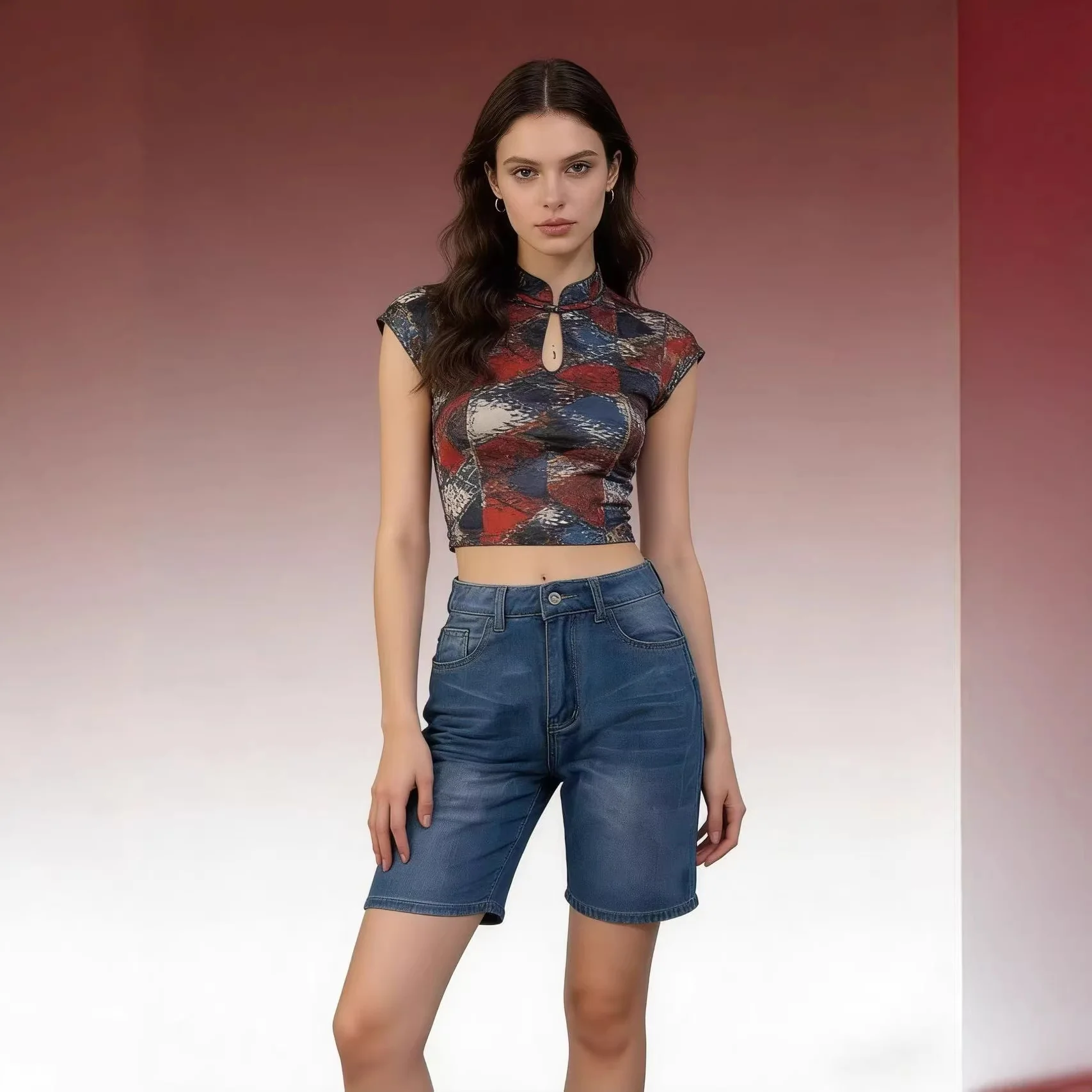 Damen figurbetontes Cropped Oberteil mit Stehkragen und kurzen Ärmeln R&B - Image 3