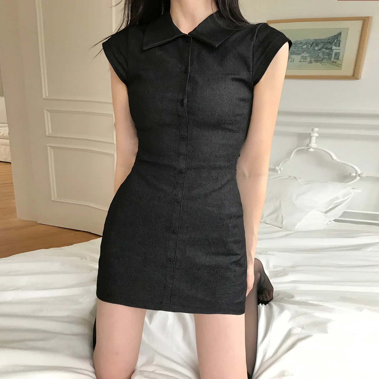 Damen Figurbetontes Hemdkleid mit kurzen Ärmeln und klassischem Kragen R&B - Image 2