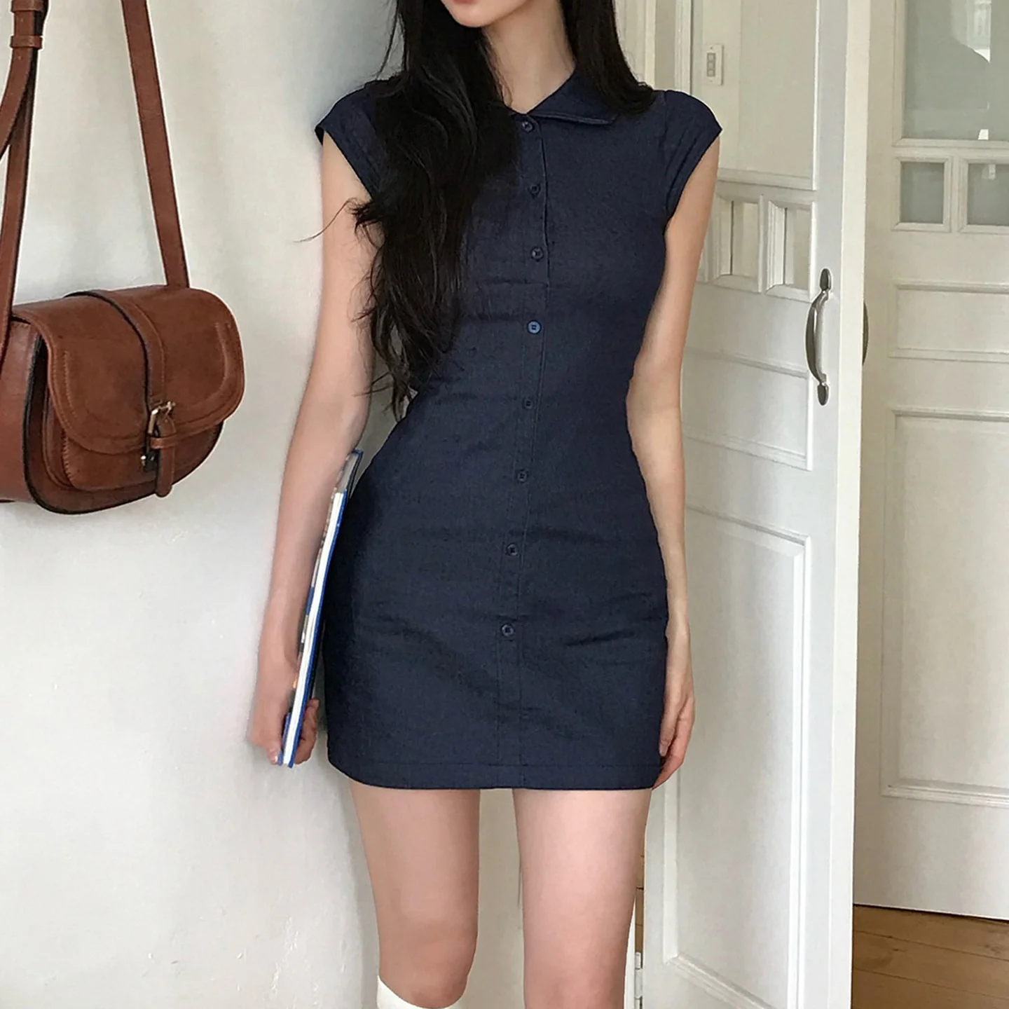 Damen Figurbetontes Hemdkleid mit kurzen Ärmeln und klassischem Kragen R&B - Image 3