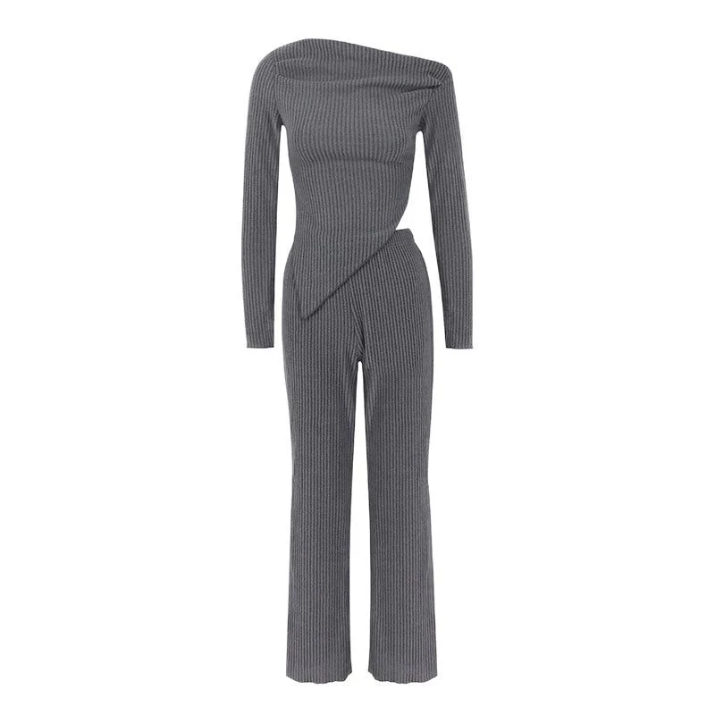Damen figurbetontes Jumpsuit mit asymmetrischem Ausschnitt und langen Ärmeln R&B - Image 5