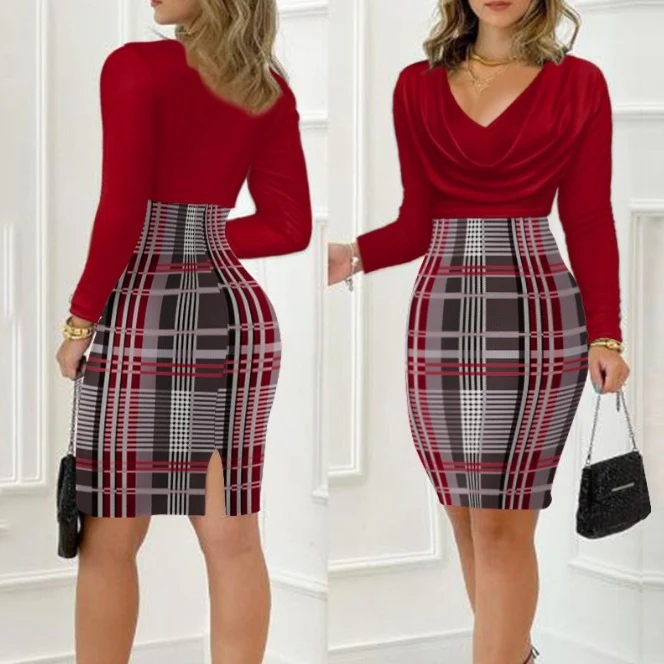 Damen Figurbetontes Kleid mit asymmetrischem Schnitt und Karomuster R&B - Image 4