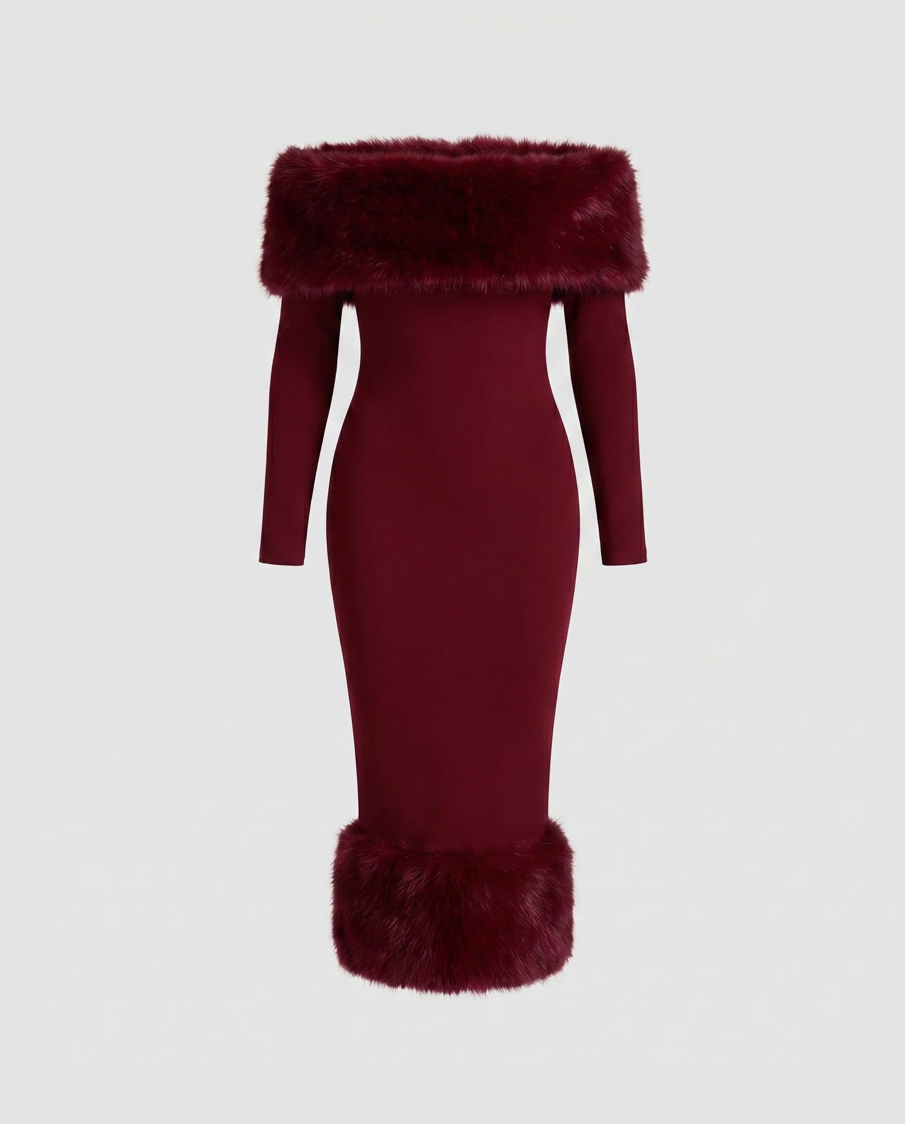 Damen Figurbetontes Maxikleid mit abnehmbarem Pelzbesatz R&B - Image 5