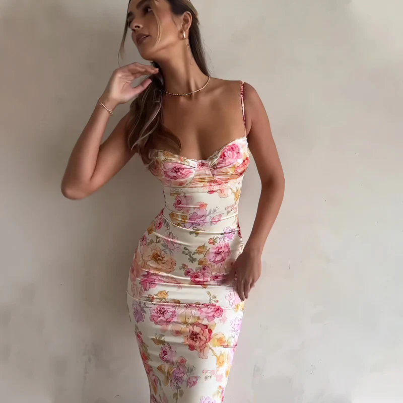 Damen figurbetontes Maxikleid mit floralem Design und elegantem V-Ausschnitt R&B - Image 4