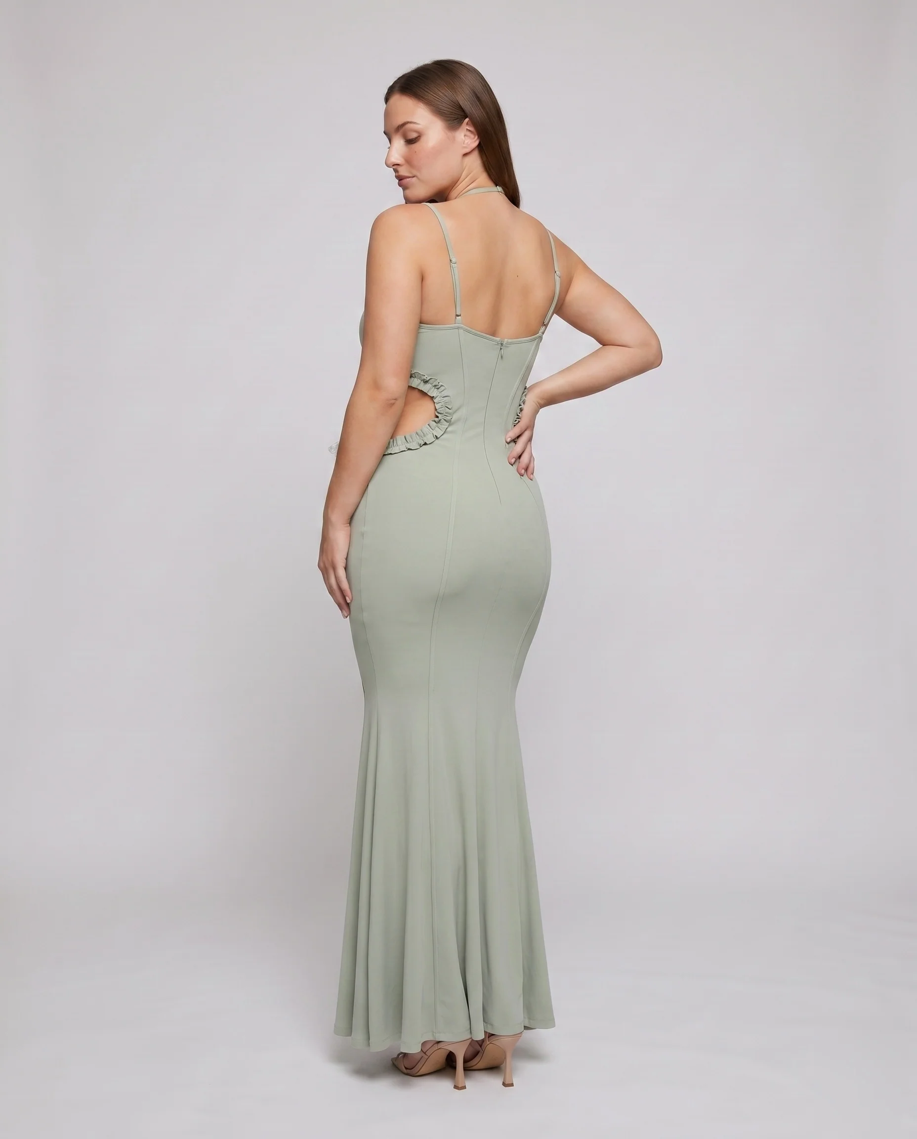 Damen figurbetontes Maxikleid mit transparenten Einsätzen und schulterfreiem Design R&B - Image 4