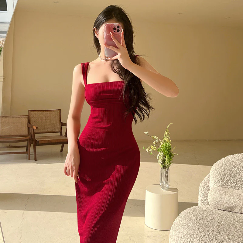 Damen figurbetontes Midi-Kleid mit quadratischem Ausschnitt und feinen Rippdetails R&B - Image 2