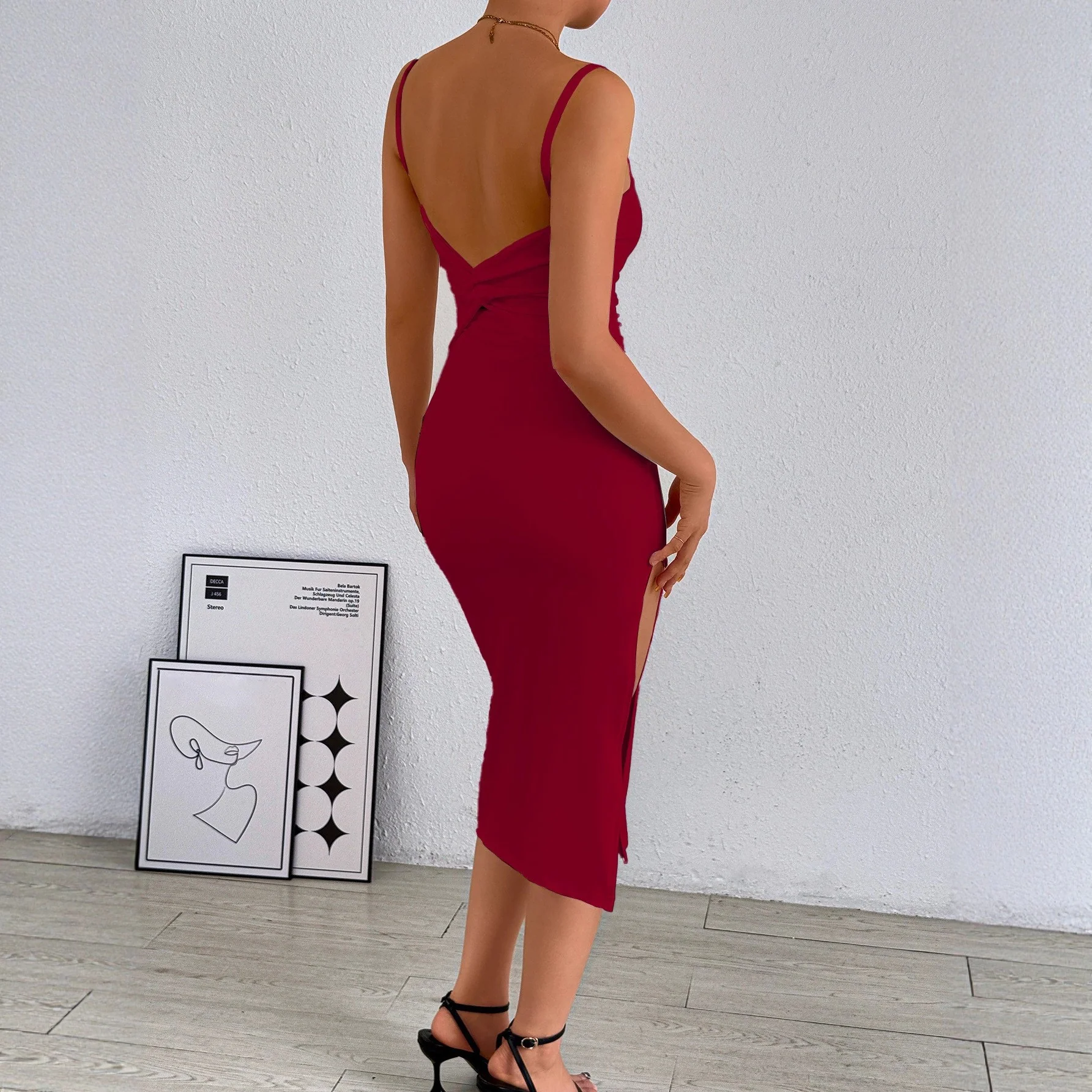Damen figurbetontes Midi-Kleid mit schulterfreien Trägern und tiefem Schlitz R&B - Image 8