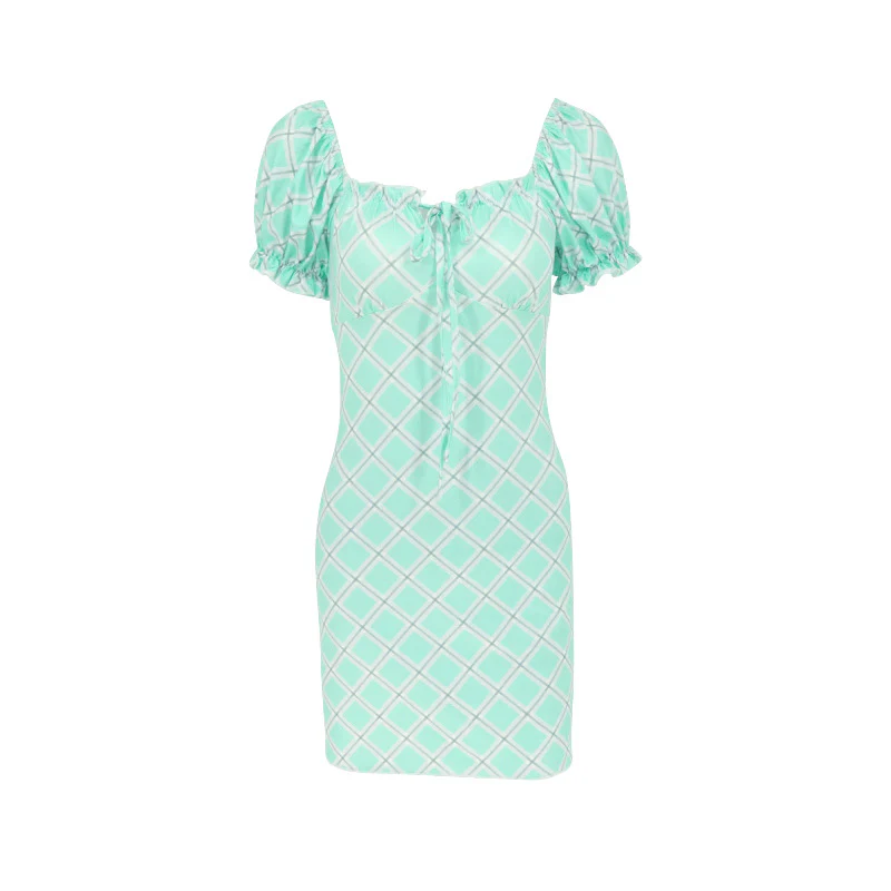 Damen figurbetontes Minikleid mit Puffärmeln und Karomuster R&B - Image 6