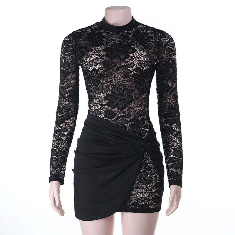 Damen figurbetontes Minikleid mit Spitzenärmel und avantgardistischem Wickeldesign R&B - Image 6