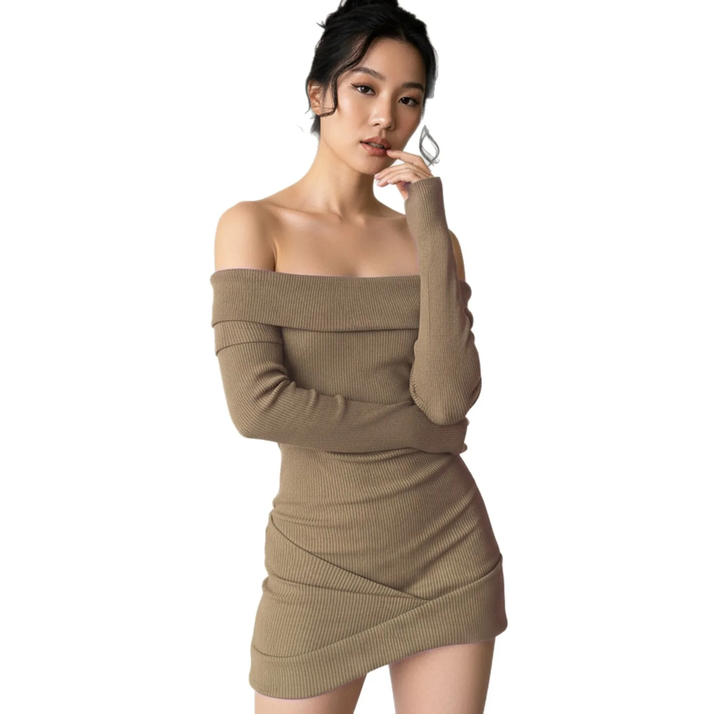 Damen figurbetontes Off-Shoulder Kleid aus Rippstrick Heidi-Mode - Image 5