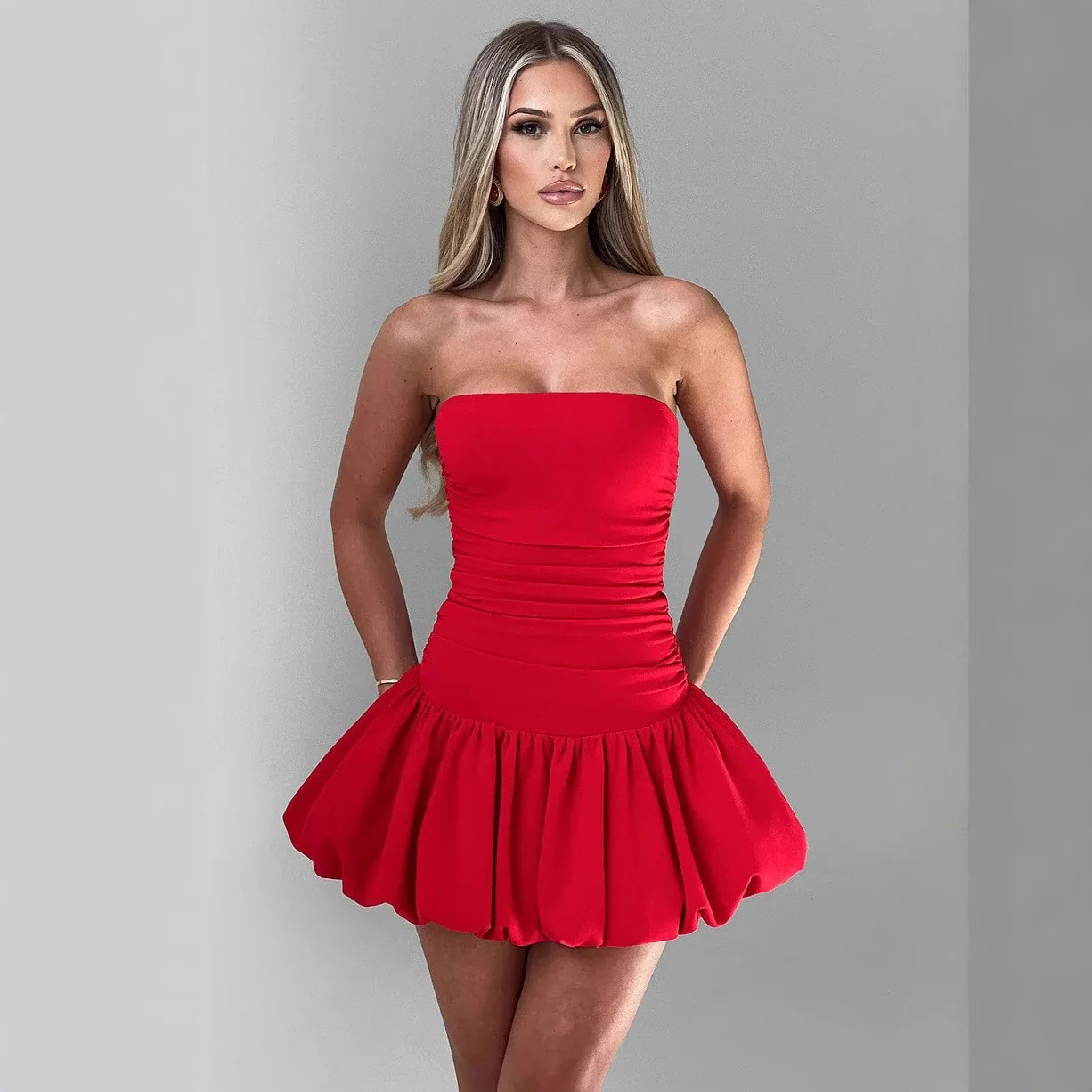 Damen figurbetontes, trägerloses Minikleid mit Rüschen und elastischem Taillenbund R&B - Image 6