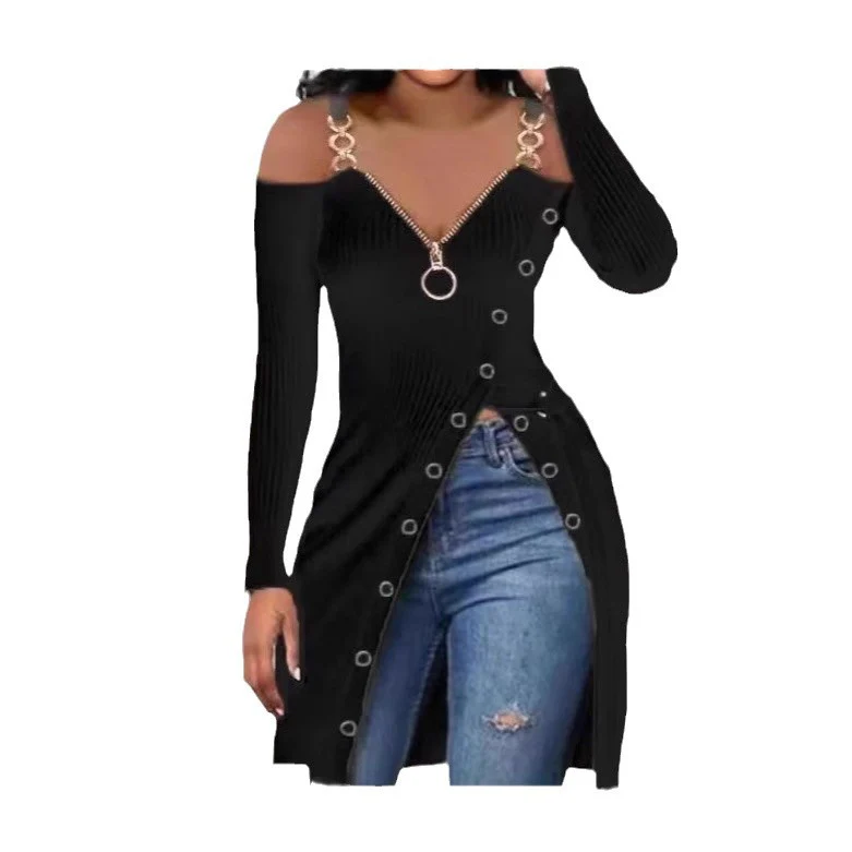 Damen Figurbetontes V-Ausschnitt Kleid mit Zipper und Schmuckdetails R&B - Image 5