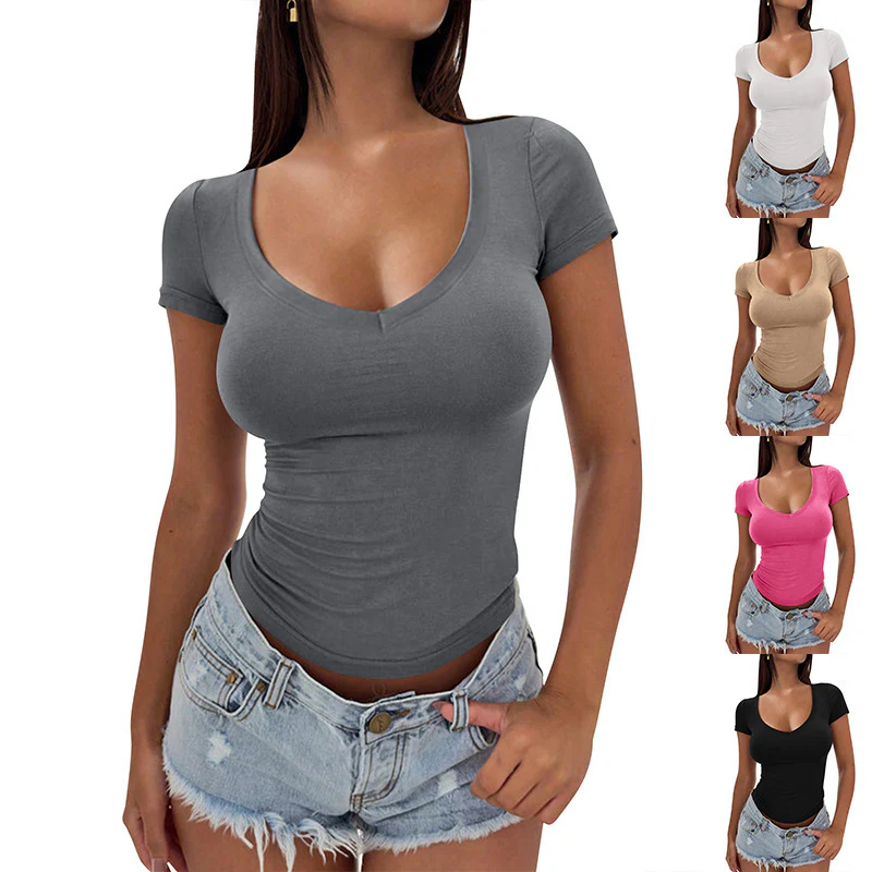 Damen figurbetontes V-Ausschnitt T-Shirt aus hochwertiger Baumwolle R&B