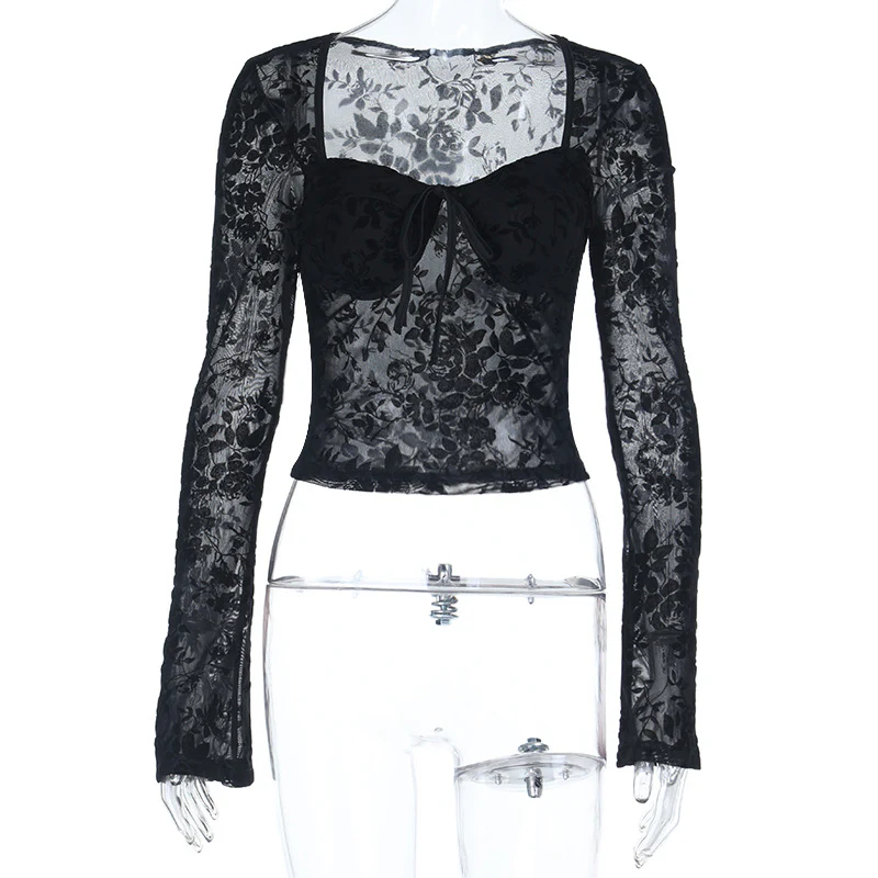 Damen figurbetonte Spitzenbluse mit langen Ärmeln und herzförmigem Ausschnitt R&B - Image 5