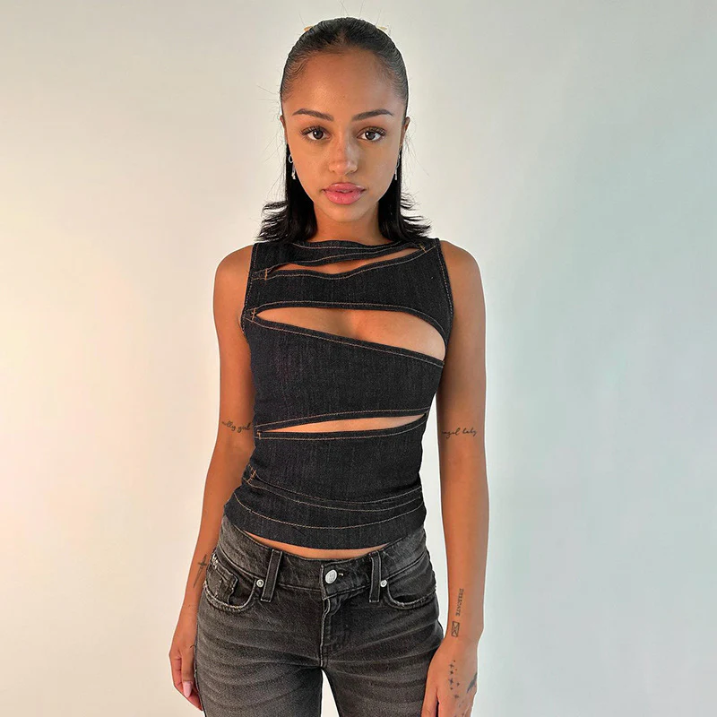 Damen figurbetontes Denim-Top mit asymmetrischen Cut-Outs und stylischem Design R&B - Image 3