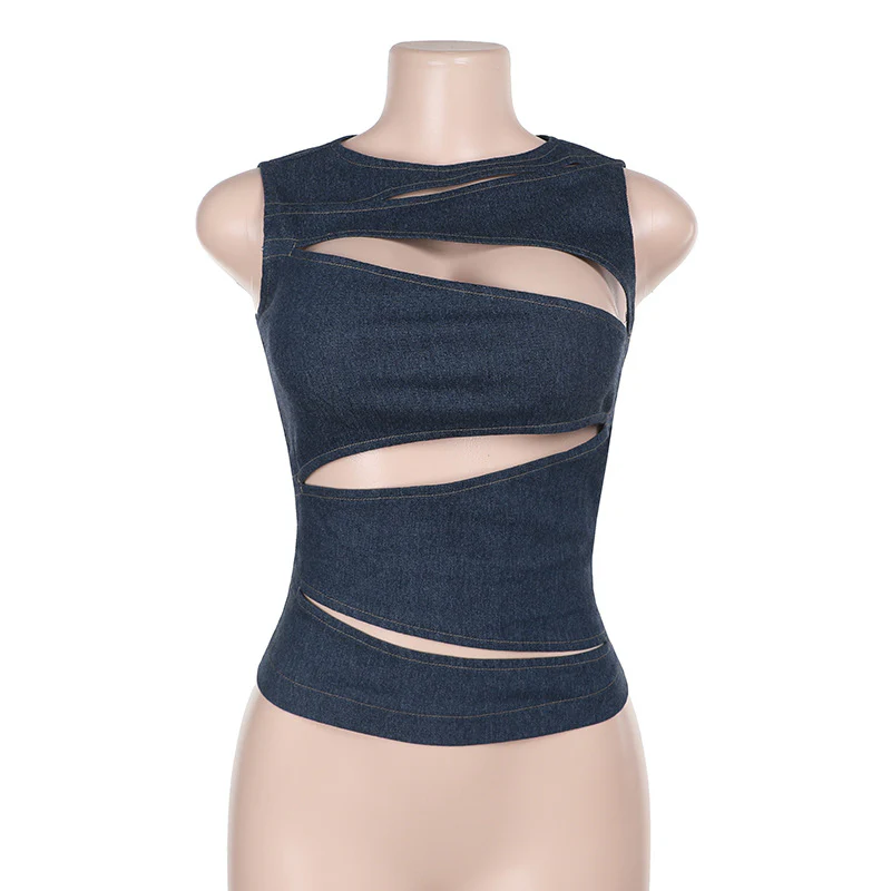 Damen figurbetontes Denim-Top mit asymmetrischen Cut-Outs und stylischem Design R&B - Image 7