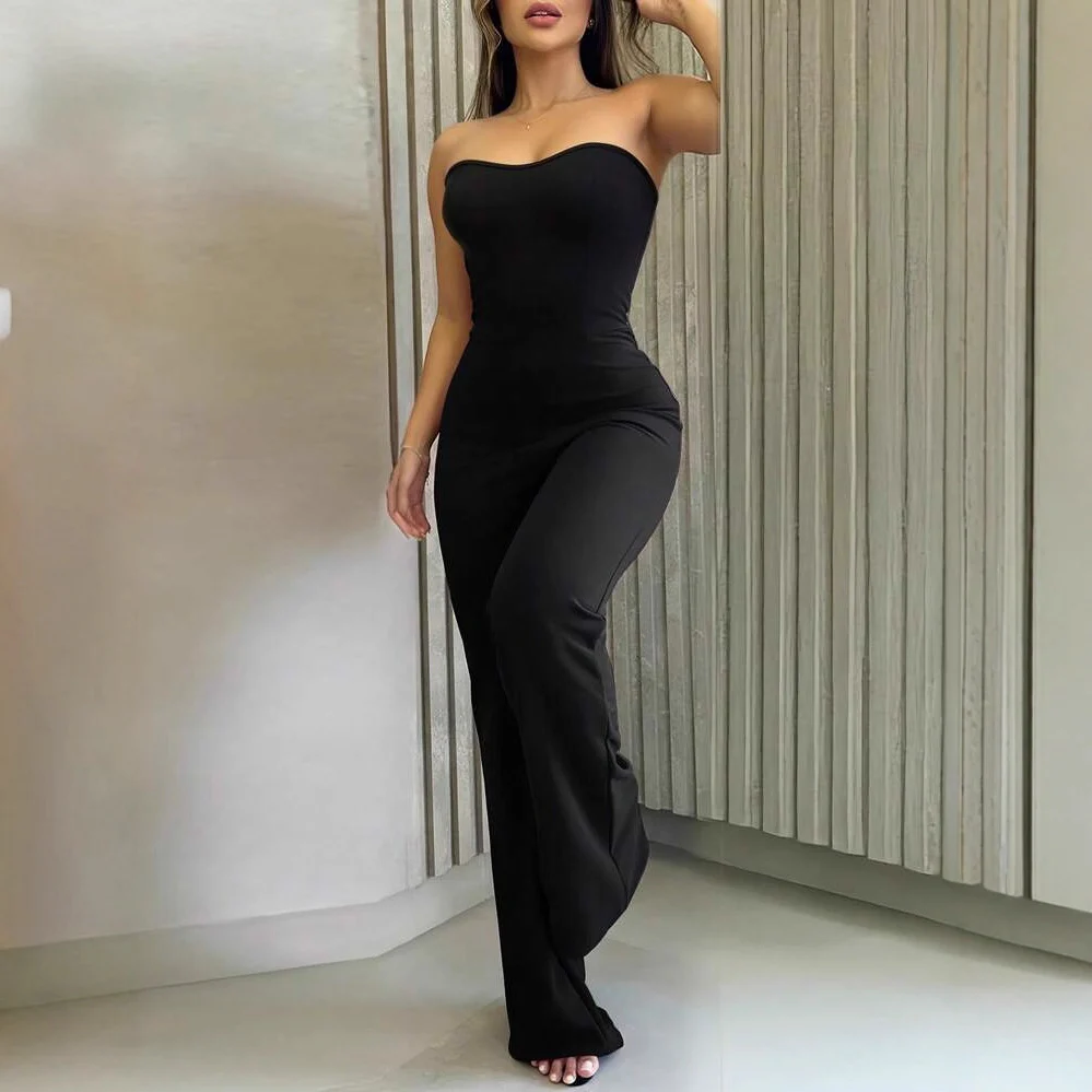 Damen Figurschmeichelnder Jumpsuit mit elegantem Bandeau-Ausschnitt und weitem Bein R&B