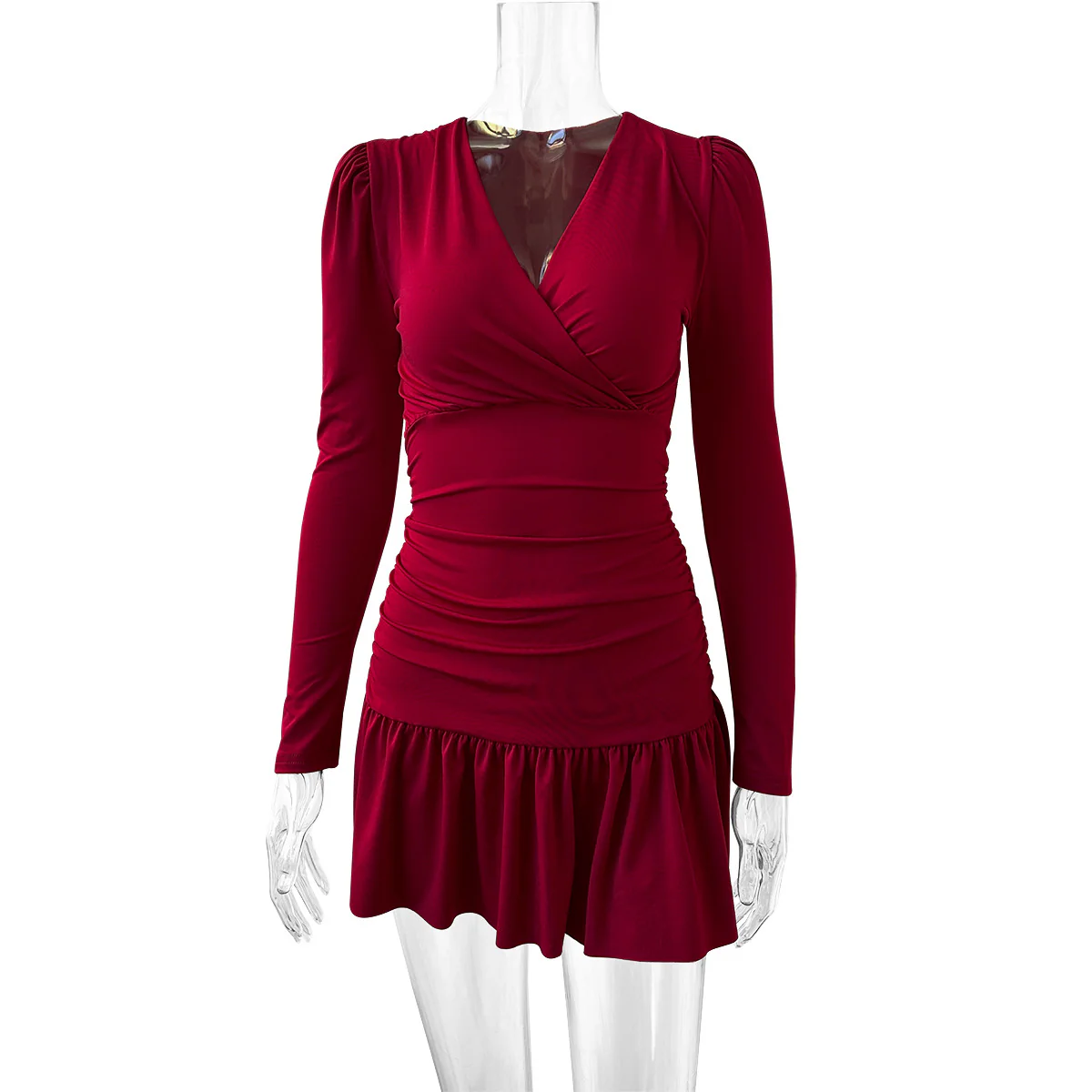 Damen Figurumspielendes Wickelkleid mit langen Ärmeln und Rüschensaum R&B - Image 4