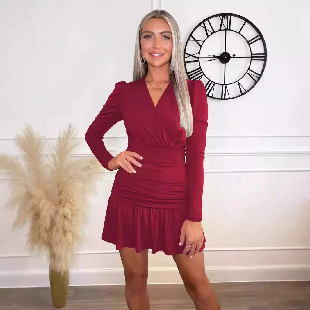 Damen Figurumspielendes Wickelkleid mit langen Ärmeln und Rüschensaum R&B - Image 6