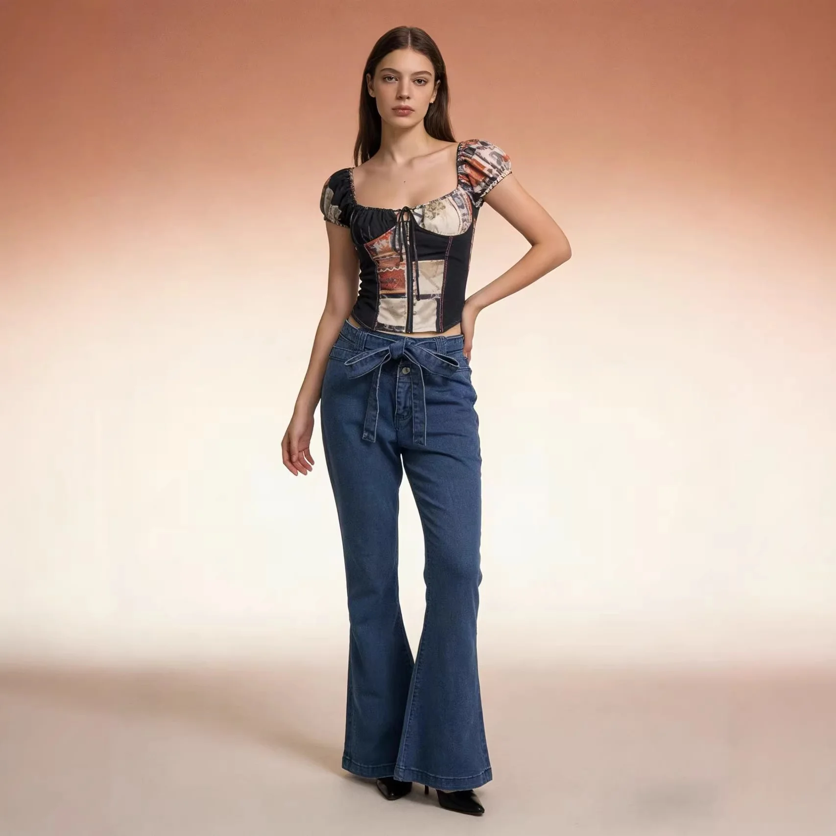 Damen Flared Jeans mit Gürtel und hohem Bund R&B - Image 3
