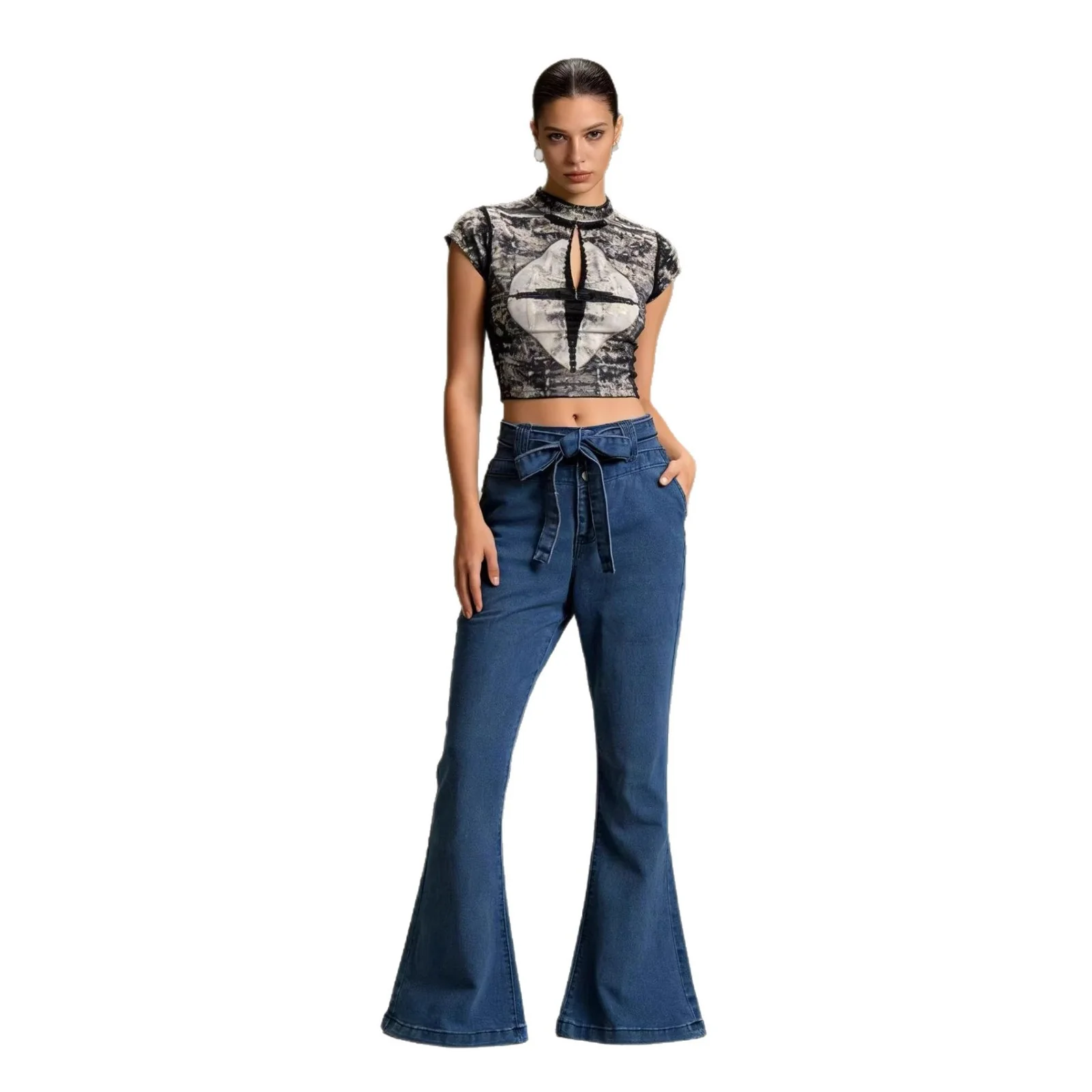 Damen Flared Jeans mit Gürtel und hohem Bund R&B - Image 5