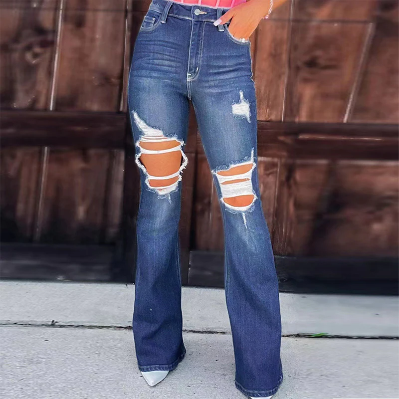 Damen Flared Jeans mit modischen Destroyed-Effekten und hohem Bund R&B